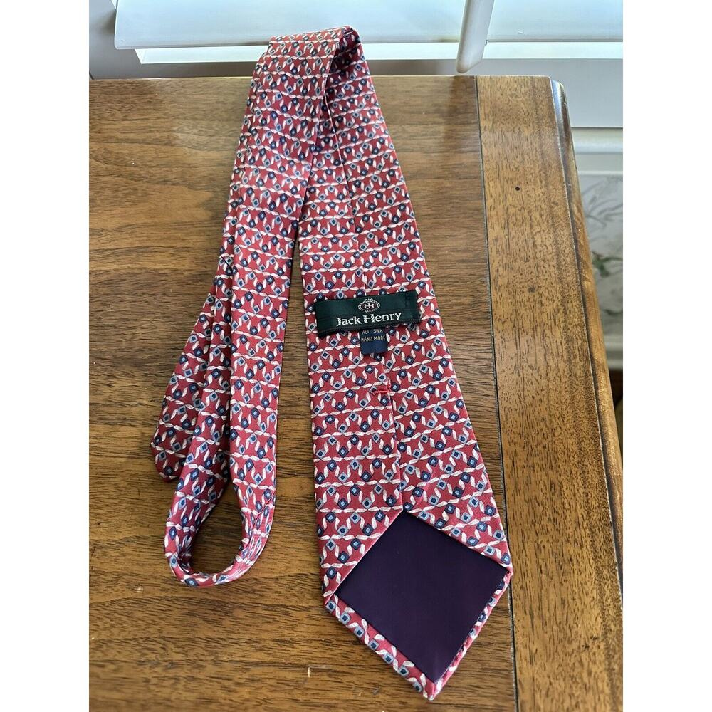 Vintage 90’s Jack Henry Silk Tie Red Blue Gray Diamond Pattern 4” x 58”